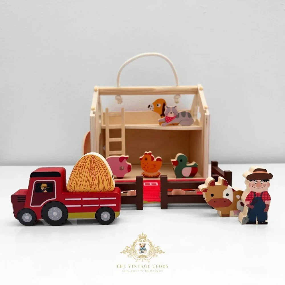 NWT Cute Wooden Farmer & Barn Animals Play Set Children’s Early Learning Toys